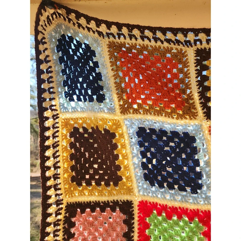 Handmade Vintage Style Crochet Granny Square Blanket Multi-Color Boho Throw